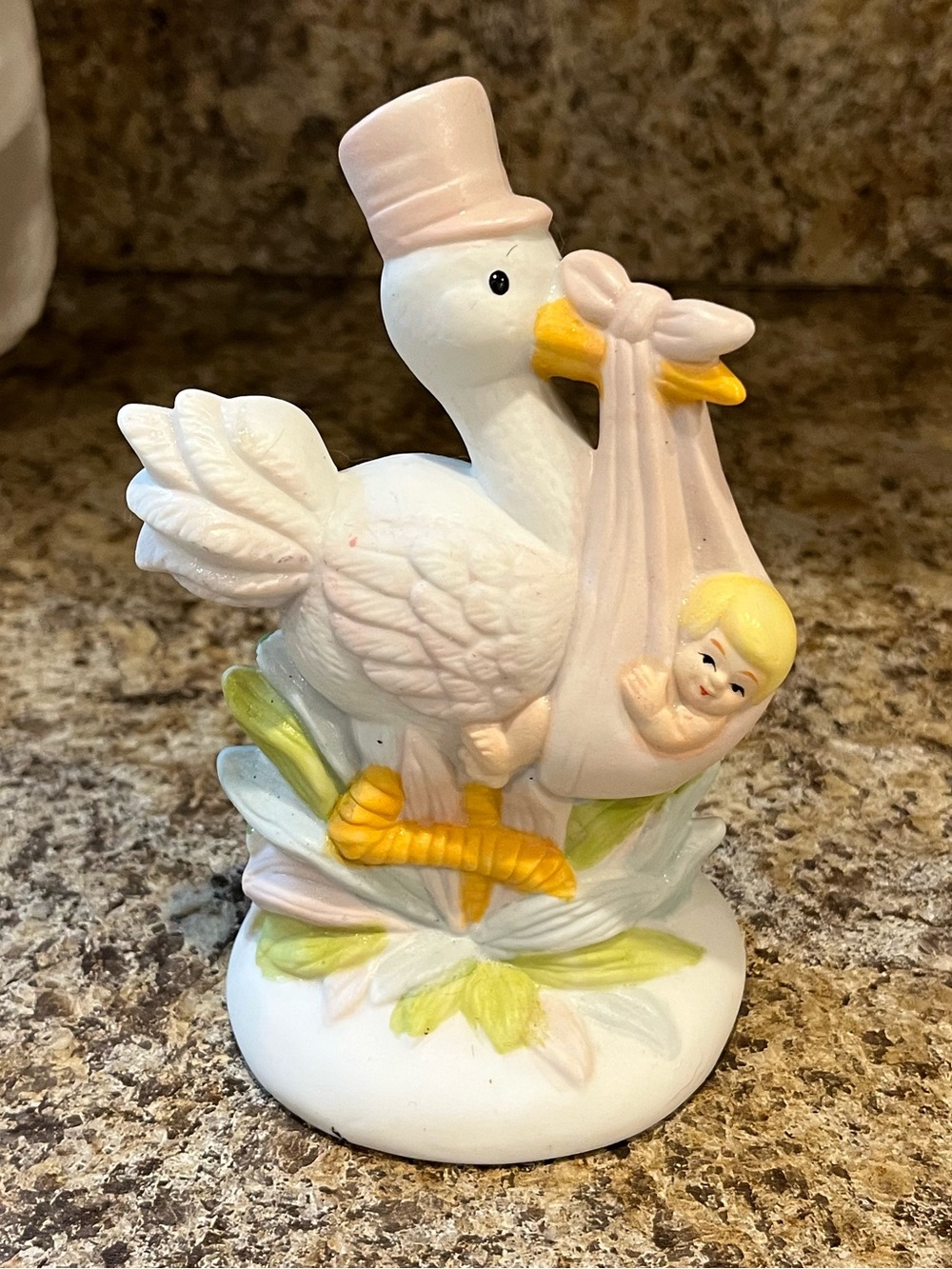 Vintage 1988 White Stork Figurine with Baby in Pink Sling by Shiah Yih Taiwan
